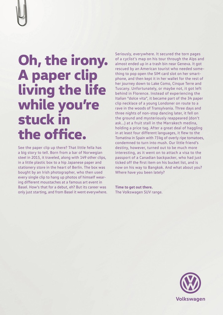 Volkswagen paper clip ad about routine and adventure